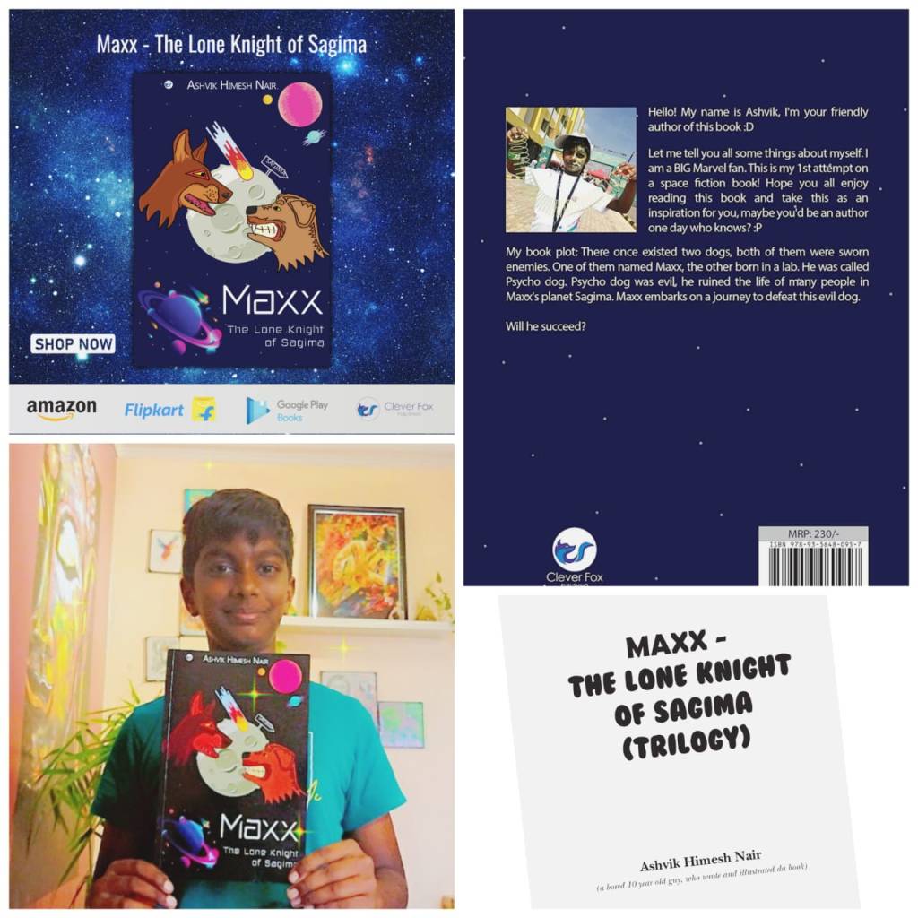 Few clips from the book showing the front page, cover page and a picture of Ashvik holding his book